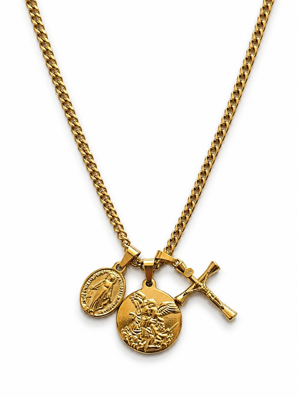 Lanț bărbătesc cu 3 pandantive – Cruce, Fecioara Maria și Arhanghelul Mihail | 60 cm