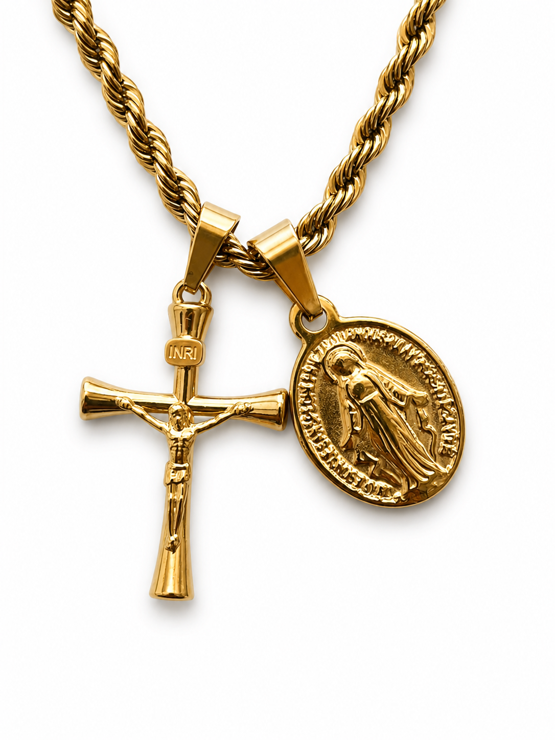 Lanț bărbătesc cu 2 pandantive – Cruce și Fecioara Maria | 60 cm